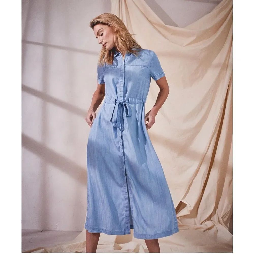 Fat Face Lyocell Denim Shirt Dress Tie Waist Button Front Midi Blue US Size 6